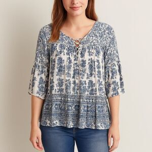 American Eagle Boho Floral Peasant Top – Blue & Cream – XL